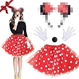 VASIN Mini maus Kostüme Damen, Maus Kostüm Set für Erwachsene, Inklusive Rot Tutu Mit Weiß Gepunktet Haarreifen Mit Maus Ohre Nasen Handschuhe, Mouse Kostüm für Karneval, Rollenspiel und Mottopartys